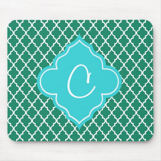 緑エレガントとティール(緑がかった色)のクアトレフォイルモノグラム マウスパッド (正面)