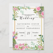 緑エレガントとピンクのフローラピーコッ結婚クス 招待状 (正面)