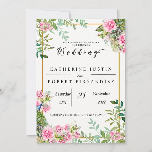 緑エレガントとピンクのフローラピーコッ結婚クス 招待状 (正面)