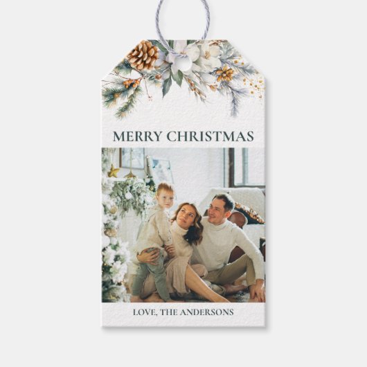 緑エレガントとフォトフォレスト緑のクリスマス ギフトタグ (正面)