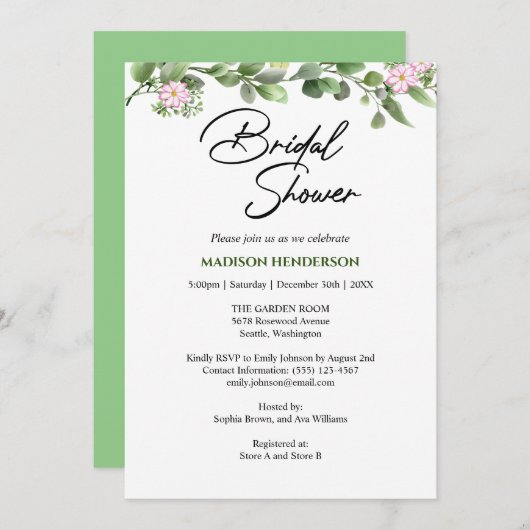 緑エレガントとフローラ結婚のブライダルシャワー 招待状 (正面/裏面)