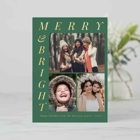 緑エレガントと明メリーるいクリスマス 箔シーズンカード (立ち正面)