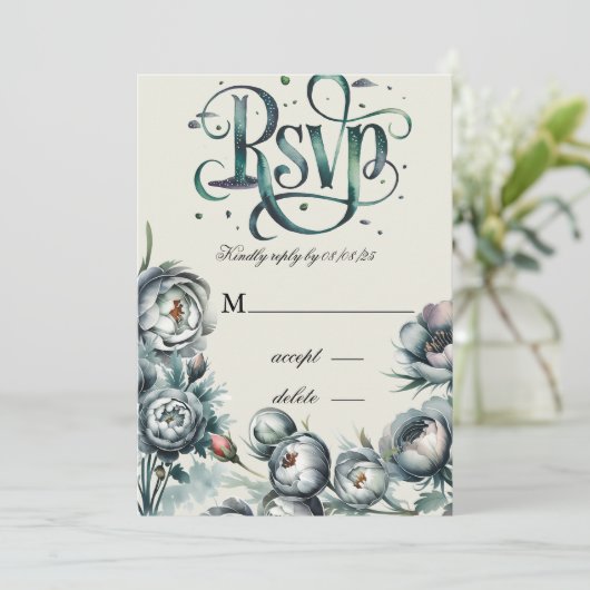 緑エレガントと灰色の花束は日付の招待者を保存 招待状 (スタンド正面)