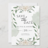 緑エレガントと白の水彩保存日 招待状 (正面)