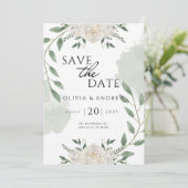 緑エレガントと白の水彩保存日 招待状 (スタンド正面)