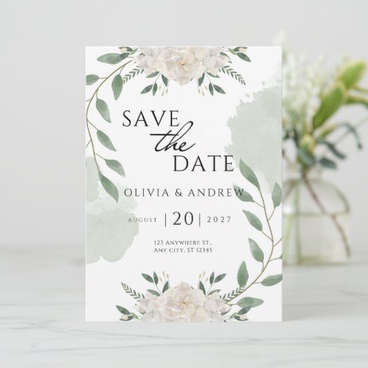 緑エレガントと白の水彩保存日 招待状 (スタンド正面)