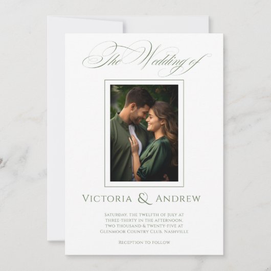 緑エレガントと白の結婚式招待状&写真 招待状 (正面)