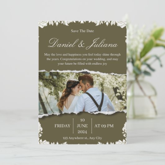 緑エレガントと白の花の縁ど写真 招待状 (スタンド正面)