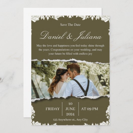 緑エレガントと白の花の縁ど写真 招待状 (正面/裏面)