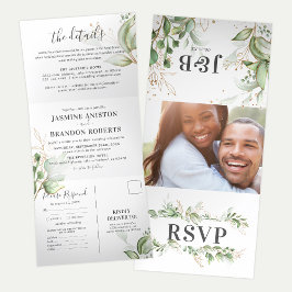 緑エレガントと金ゴールドが一結婚つになる 三つ折り招待状