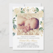 緑エレガントと金ゴールドのフローラ女の子バプテスマ写真 招待状 (正面)