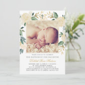 緑エレガントと金ゴールドのフローラ女の子バプテスマ写真 招待状 (スタンド正面)