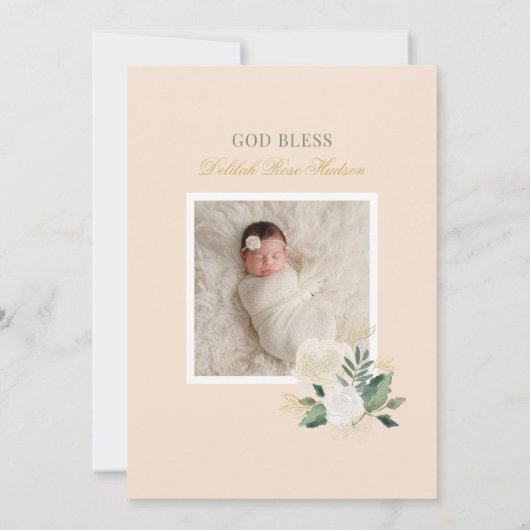 緑エレガントと金ゴールドのフローラ女の子バプテスマ写真 招待状 (裏面)