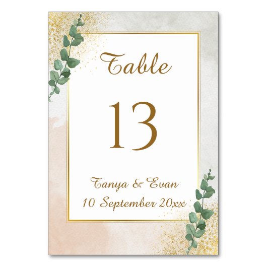 緑エレガントと金ゴールドの写真結婚のテーブル番号 テーブルナンバー (正面)