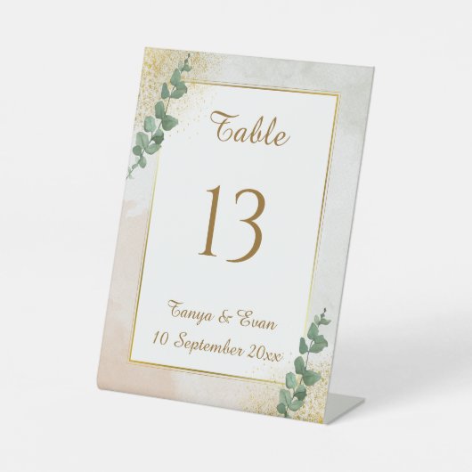 緑エレガントと金ゴールドの写真結婚のテーブル番号 台座サイン (正面)