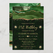 緑エレガントと金ゴールドグリッターアゲート21歳の誕生日 招待状 (正面/裏面)