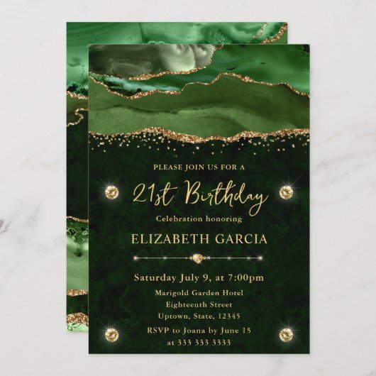 緑エレガントと金ゴールドグリッターアゲート21歳の誕生日 招待状 (正面/裏面)