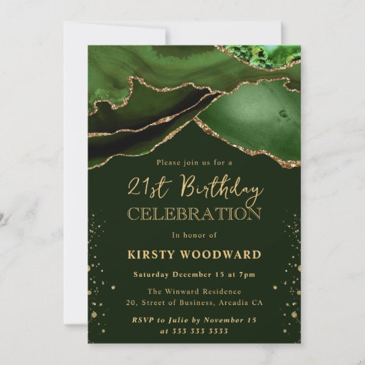 緑エレガントと金ゴールドグリッターアゲート21歳の誕生日 招待状 (正面)