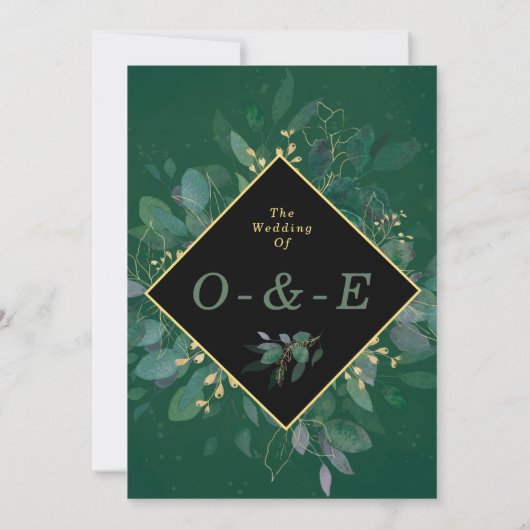 緑エレガントと金ゴールド幾何学枠ユーカリ 招待状 (裏面)