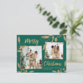 緑エレガントと金ゴールド植物学2フォトクリスマス ポストカード (スタンド正面)