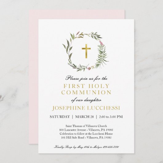 緑エレガントと金箔バプテスマ聖餐会 招待状 (正面/裏面)