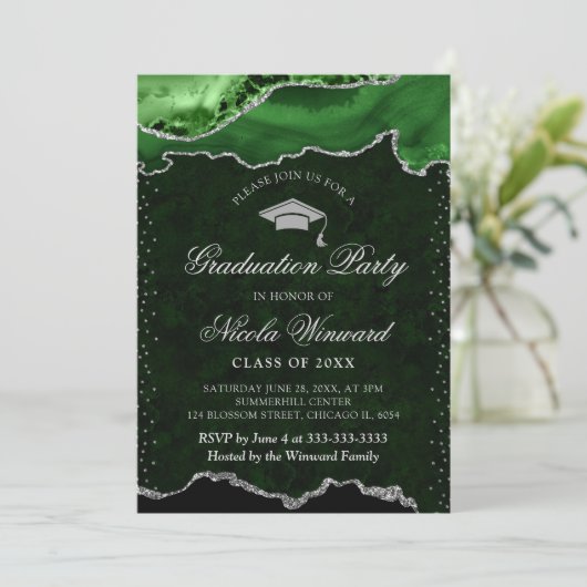 緑エレガントと銀の大理石瑪瑙の卒業 招待状 (スタンド正面)