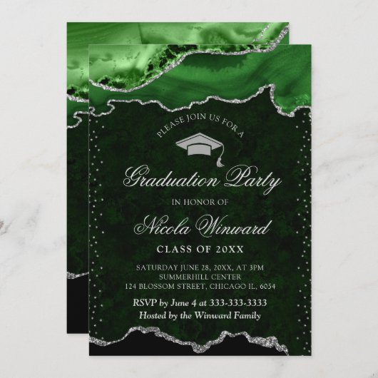 緑エレガントと銀の大理石瑪瑙の卒業 招待状 (正面/裏面)