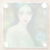 緑エレガントと青のファンタジー女性ポートレート ガラスコースター (裏面)