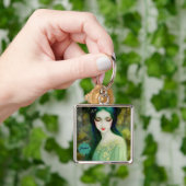 緑エレガントと青のファンタジー女性ポートレート キーホルダー (手)