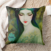 緑エレガントと青のファンタジー女性ポートレート クッション (ブランケット)