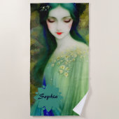緑エレガントと青のファンタジー女性ポートレート ビーチタオル (正面)