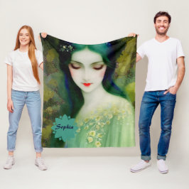 緑エレガントと青のファンタジー女性ポートレート フリースブランケット