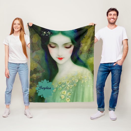 緑エレガントと青のファンタジー女性ポートレート フリースブランケット (インサイチュ)