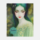 緑エレガントと青のファンタジー女性ポートレート フリースブランケット (正面)