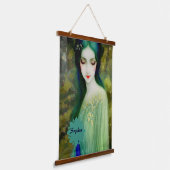 緑エレガントと青のファンタジー女性ポートレート 吊り下げ型タペストリー (傾斜あり)