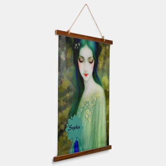 緑エレガントと青のファンタジー女性ポートレート 吊り下げ型タペストリー (傾斜あり)