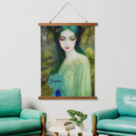 緑エレガントと青のファンタジー女性ポートレート 吊り下げ型タペストリー