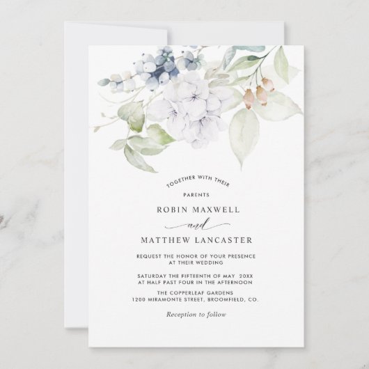 緑エレガントと青のフローラ結婚の 招待状 (正面)