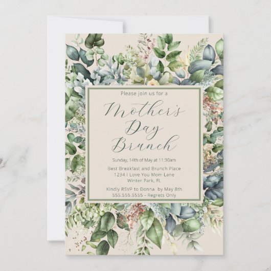 緑エレガントにミュート花模様母の日ブランチ 招待状 (正面)