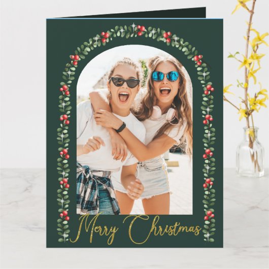 緑エレガントのアーチスクリプト写真クリスマス カード (黄色い花)