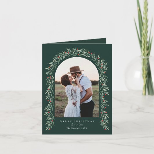 緑エレガントのアーチ2モダン写真クリスマス シーズンカード (正面)