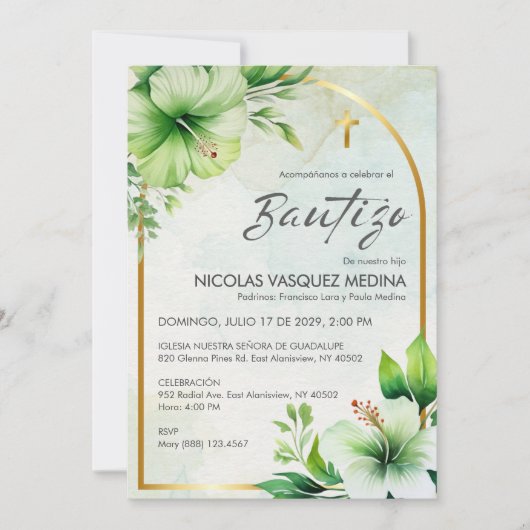 緑エレガントのインビタシオンバウティゾかわいいバプテスマ 招待状 (正面)