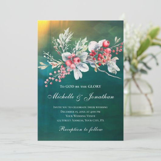 緑エレガントのクリスチャンの冬の結婚フローラ 招待状 (スタンド正面)