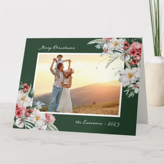 緑エレガントのクリスマスフォトホリデー カード (正面)