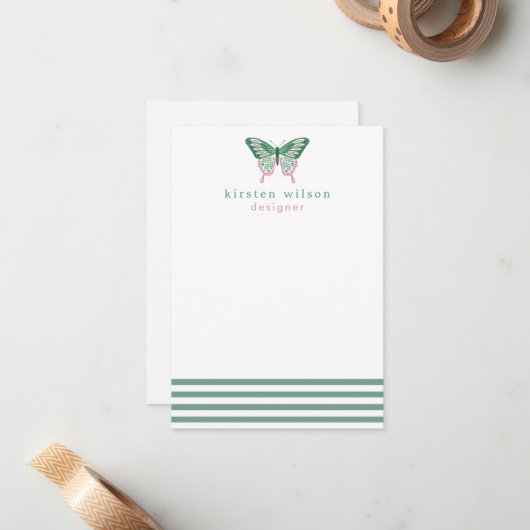 緑エレガントのストライプと蝶 – パーソナライズされた ノートカード (正面/裏面インサイチュ)