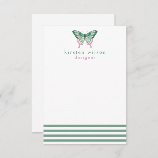 緑エレガントのストライプと蝶 – パーソナライズされた ノートカード (正面/裏面)