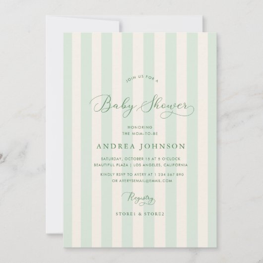 緑エレガントのストライプ男女兼用赤ちゃんシャワー 招待状 (正面)