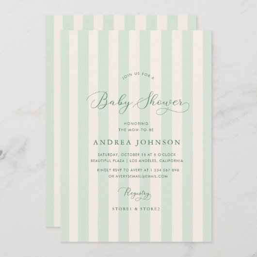 緑エレガントのストライプ男女兼用赤ちゃんシャワー 招待状 (正面/裏面)