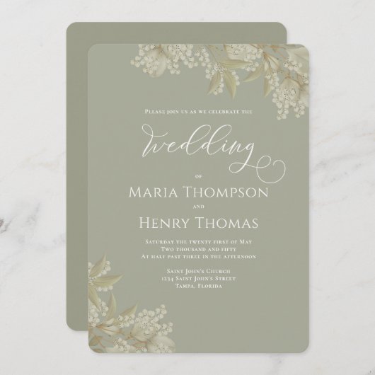 緑エレガントのセージ緑のフローラの葉シンプルの 招待状 (正面/裏面)