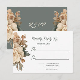 緑エレガントのフローラのクリームとトープ結婚 出欠カード